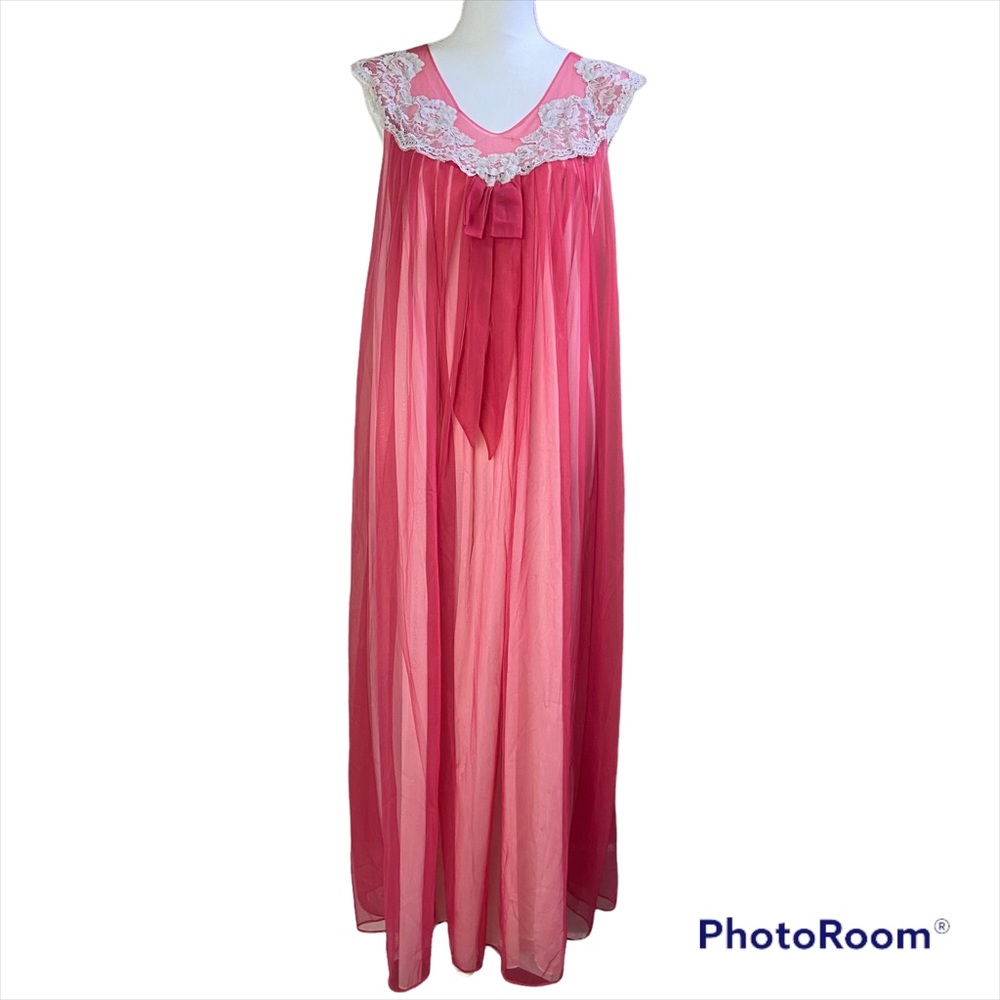 Vintage Nightgown Red White Nylon Layered Long Lace Trim Medium
